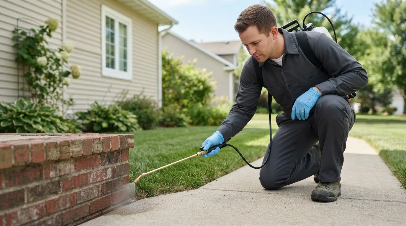 Pest control technician treating a home near Rufus, OR