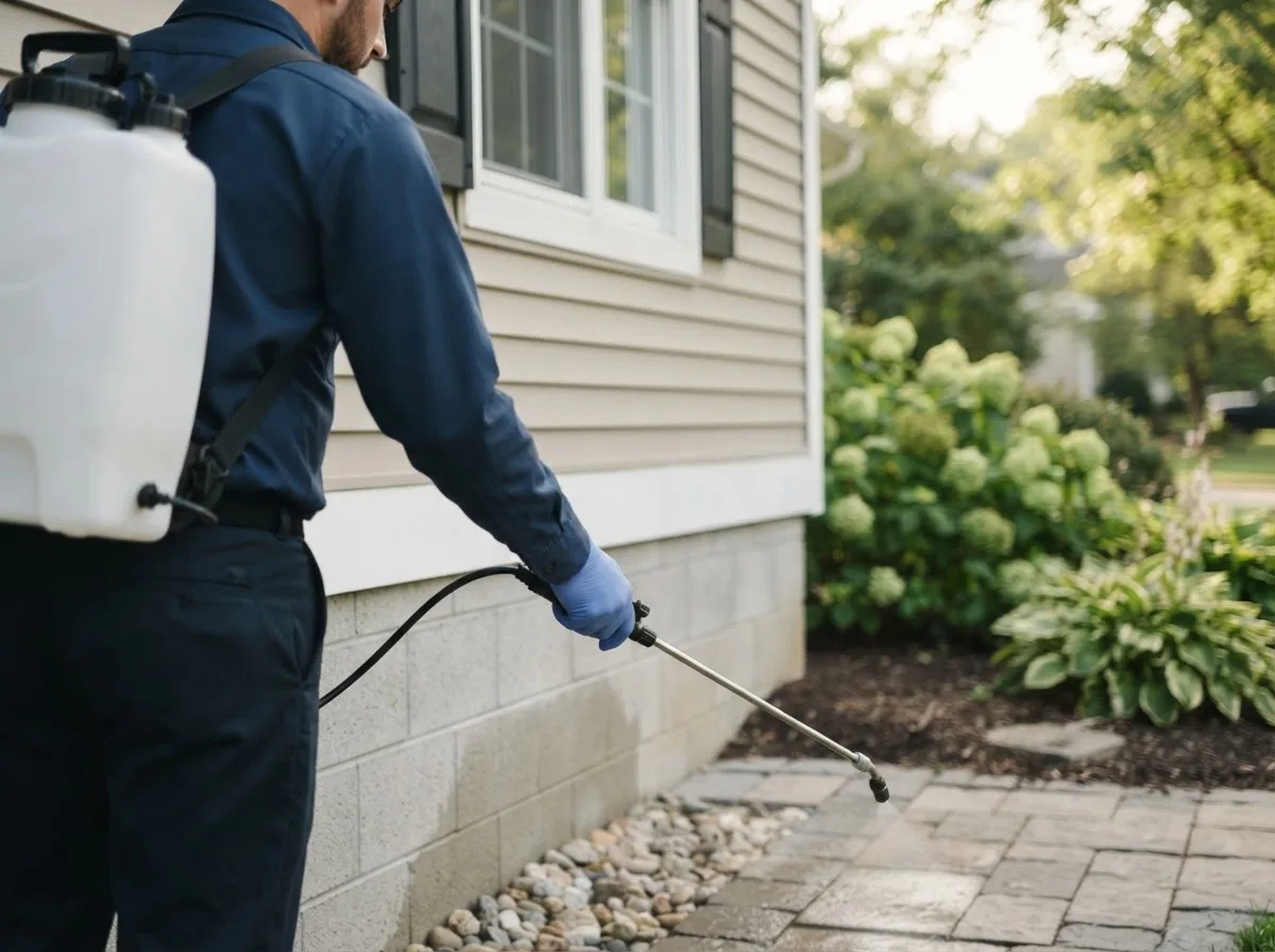 Pest control technician inspecting a home in Rufus, OR